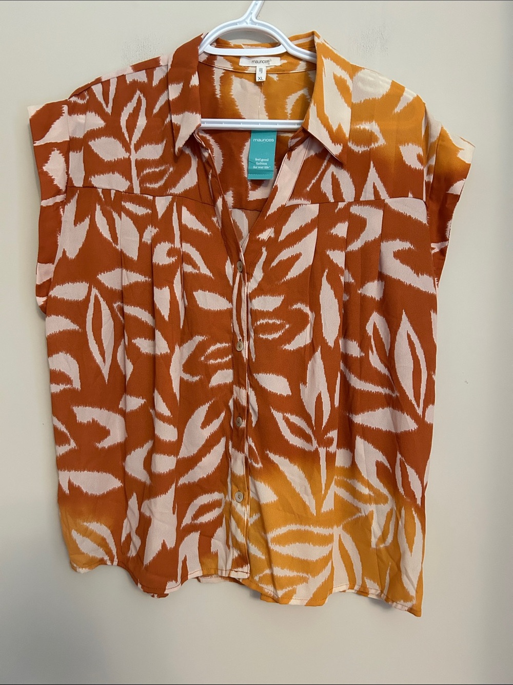 Maurices Rust & Cream Leaf-Print Cap Sleeve Button-Front Top size XL new w/tag